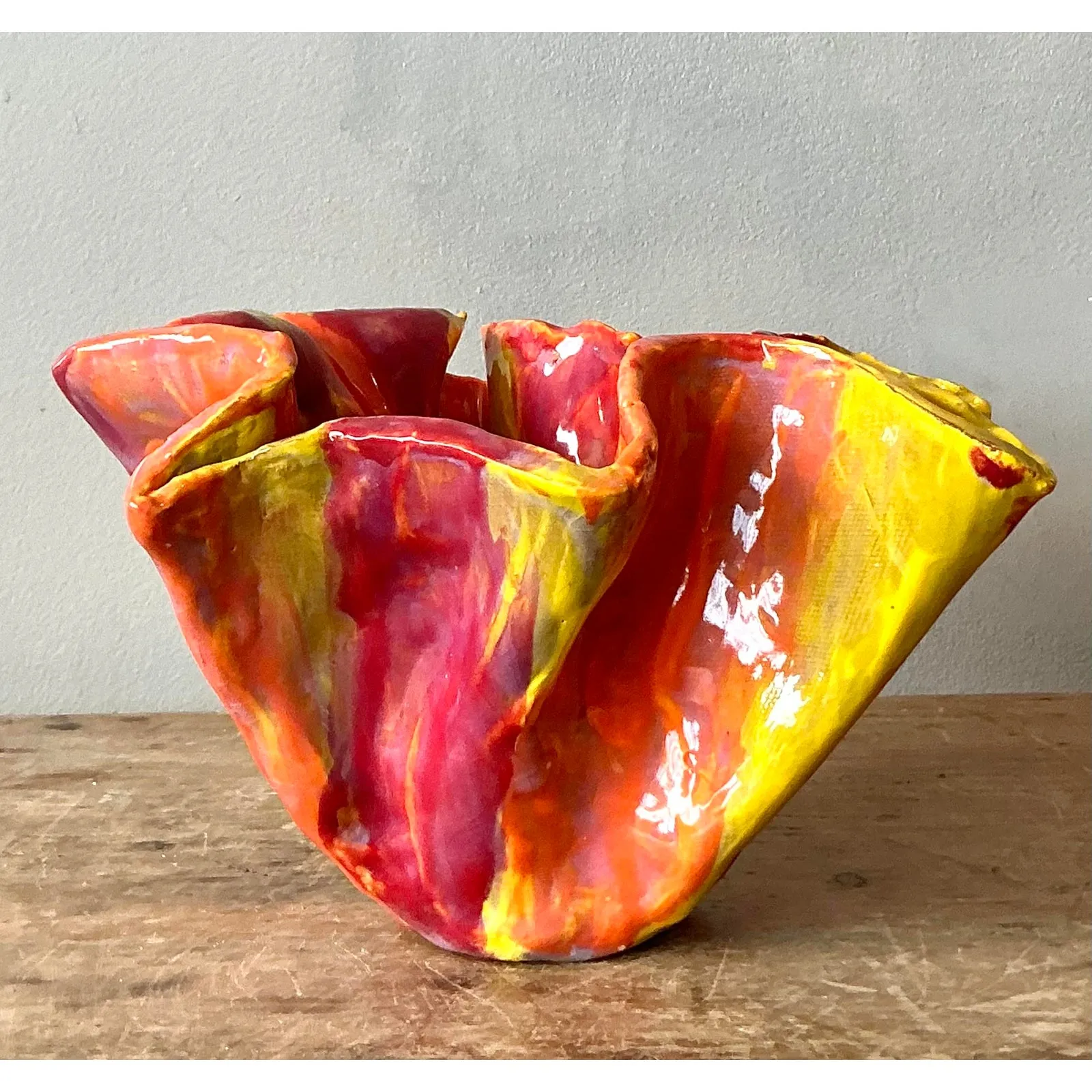 Vintage Boho Ruffle Studio Pottery Bowl — additional photo 1
