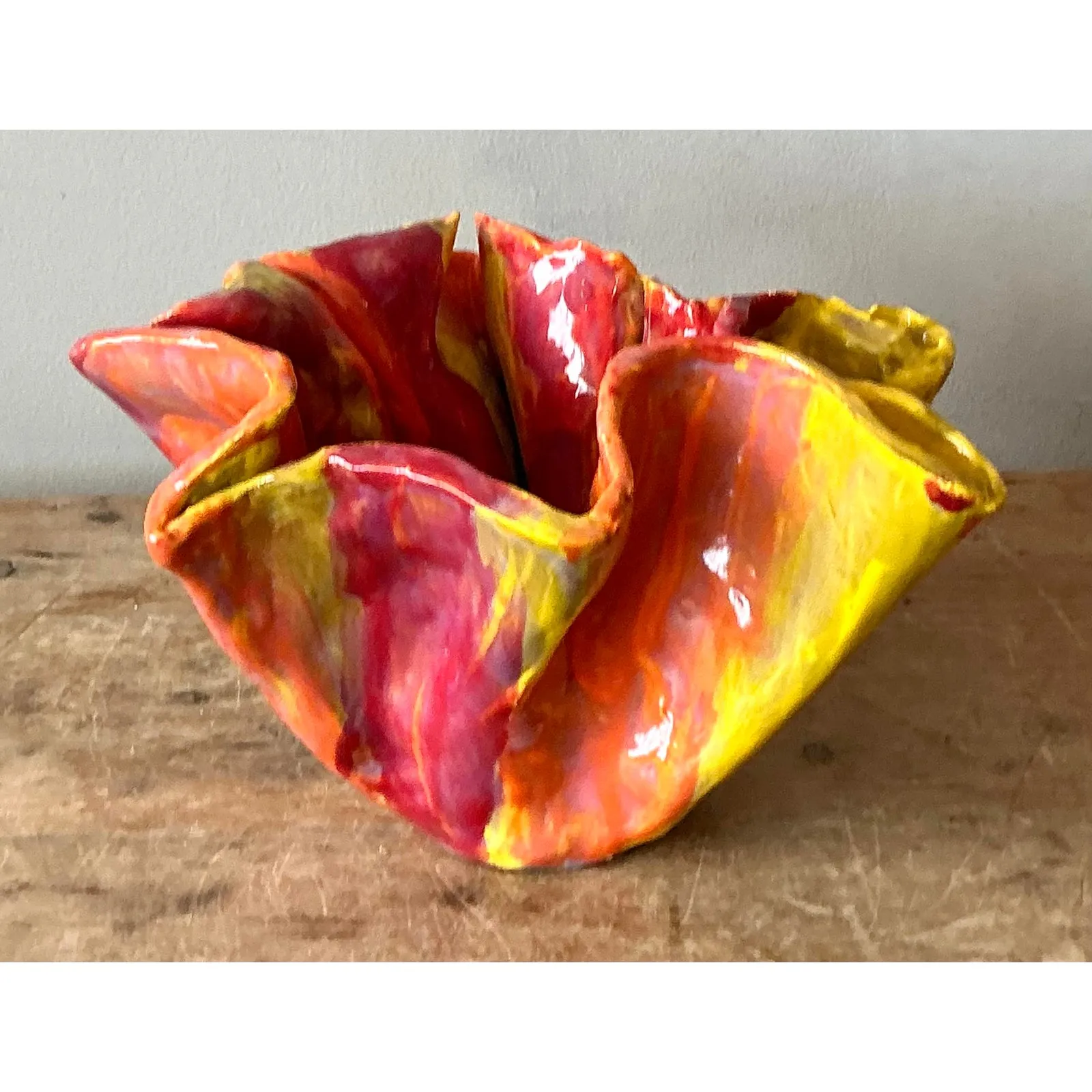 Vintage Boho Ruffle Studio Pottery Bowl — additional photo 2