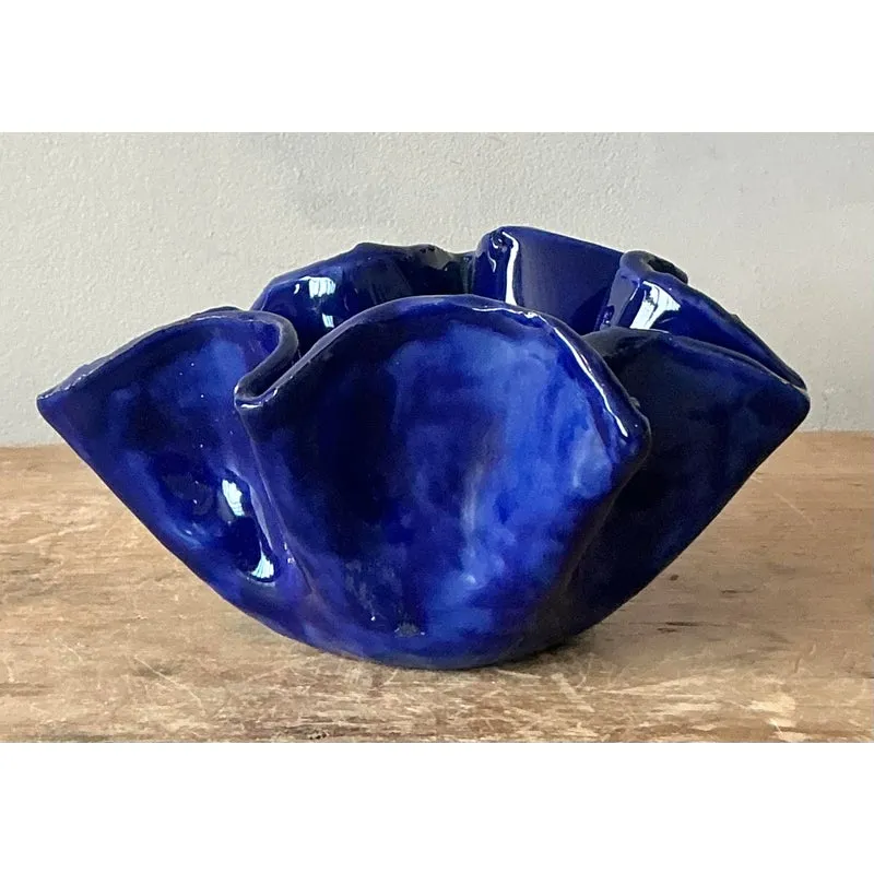 Vintage Boho Blue Ruffle Studio Pottery Bowl — additional photo 4