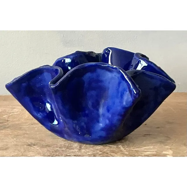 Vintage Boho Blue Ruffle Studio Pottery Bowl — additional photo 3