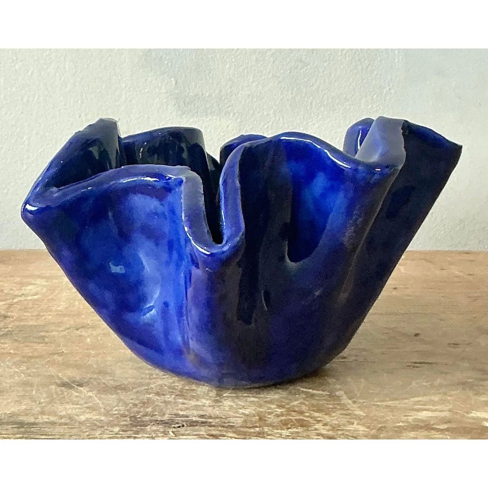 Vintage Boho Blue Ruffle Studio Pottery Bowl — additional photo 2