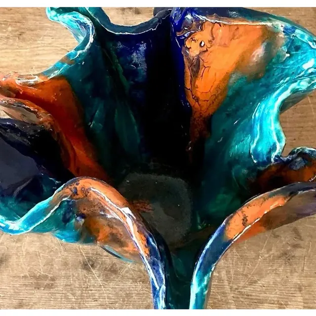Vintage Boho Striped Studio Pottery Bowl - Ceramic, 10.25W x 6.5H — additional photo 4