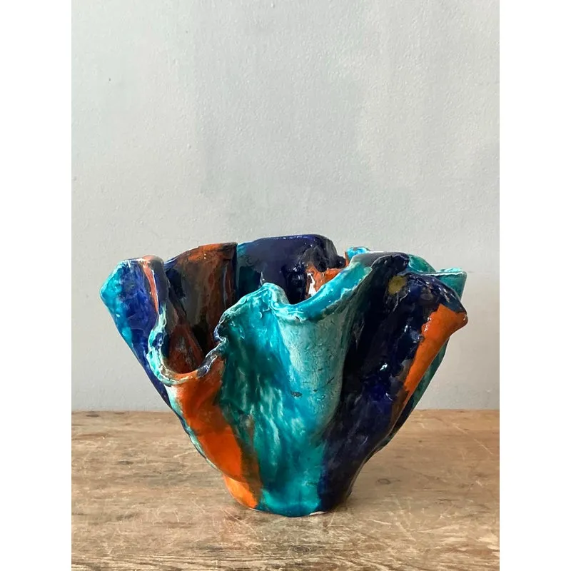 Vintage Boho Striped Studio Pottery Bowl - Ceramic, 10.25W x 6.5H — additional photo 1