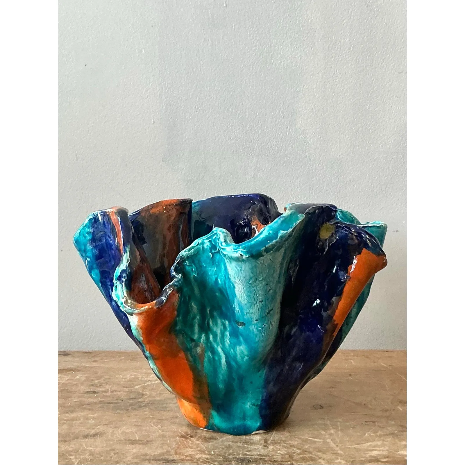 Vintage Boho Striped Studio Pottery Bowl - Ceramic, 10.25W x 6.5H — additional photo 3