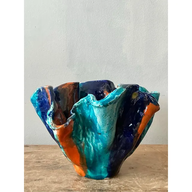 Vintage Boho Striped Studio Pottery Bowl - Ceramic, 10.25W x 6.5H — additional photo 3