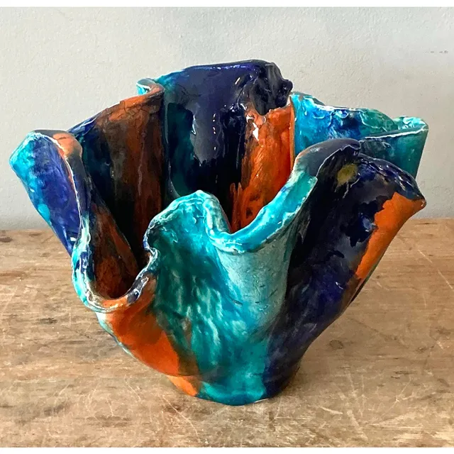 Vintage Boho Striped Studio Pottery Bowl - Ceramic, 10.25W x 6.5H — additional photo 6