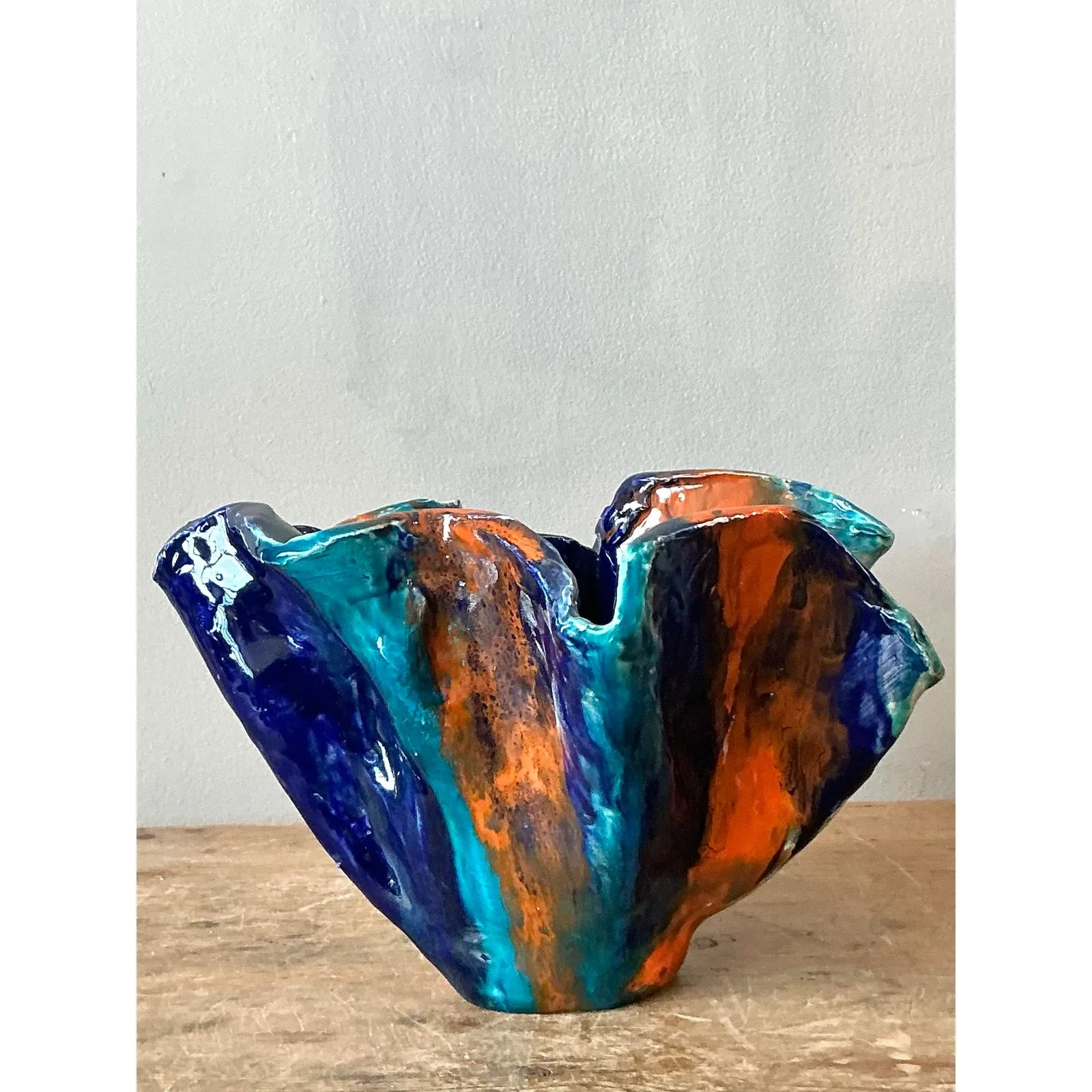 Vintage Boho Striped Studio Pottery Bowl - Ceramic, 10.25W x 6.5H — additional photo 2