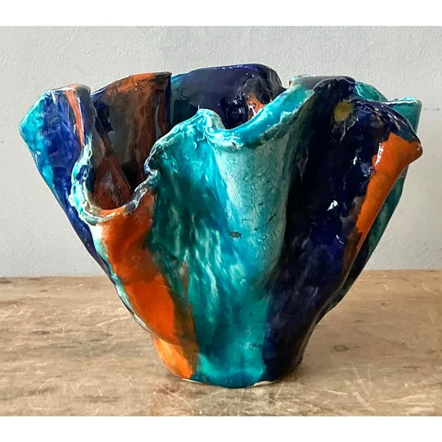 Vintage Boho Striped Studio Pottery Bowl - Ceramic, 10.25W x 6.5H — additional photo 8