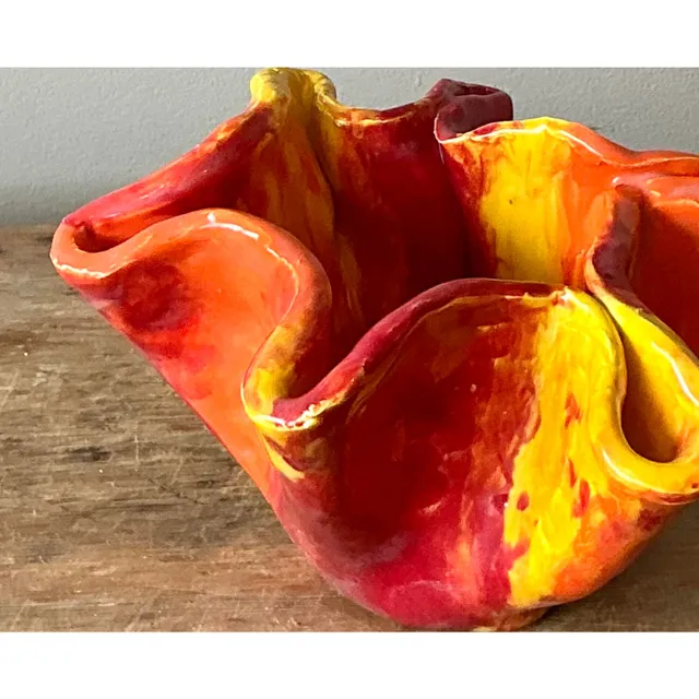 Vintage Boho Ruffle Stripe Studio Pottery Bowl — additional photo 1