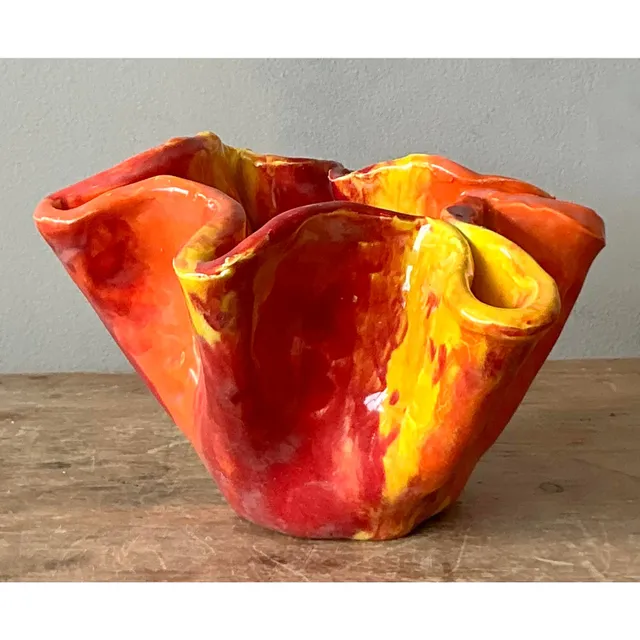 Vintage Boho Ruffle Stripe Studio Pottery Bowl — additional photo 3