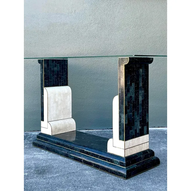 Vintage Boho Tessellated Stone and Brass Inlay Console Table — additional photo 3