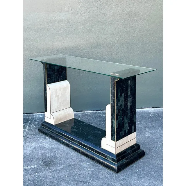 Vintage Boho Tessellated Stone and Brass Inlay Console Table — additional photo 7