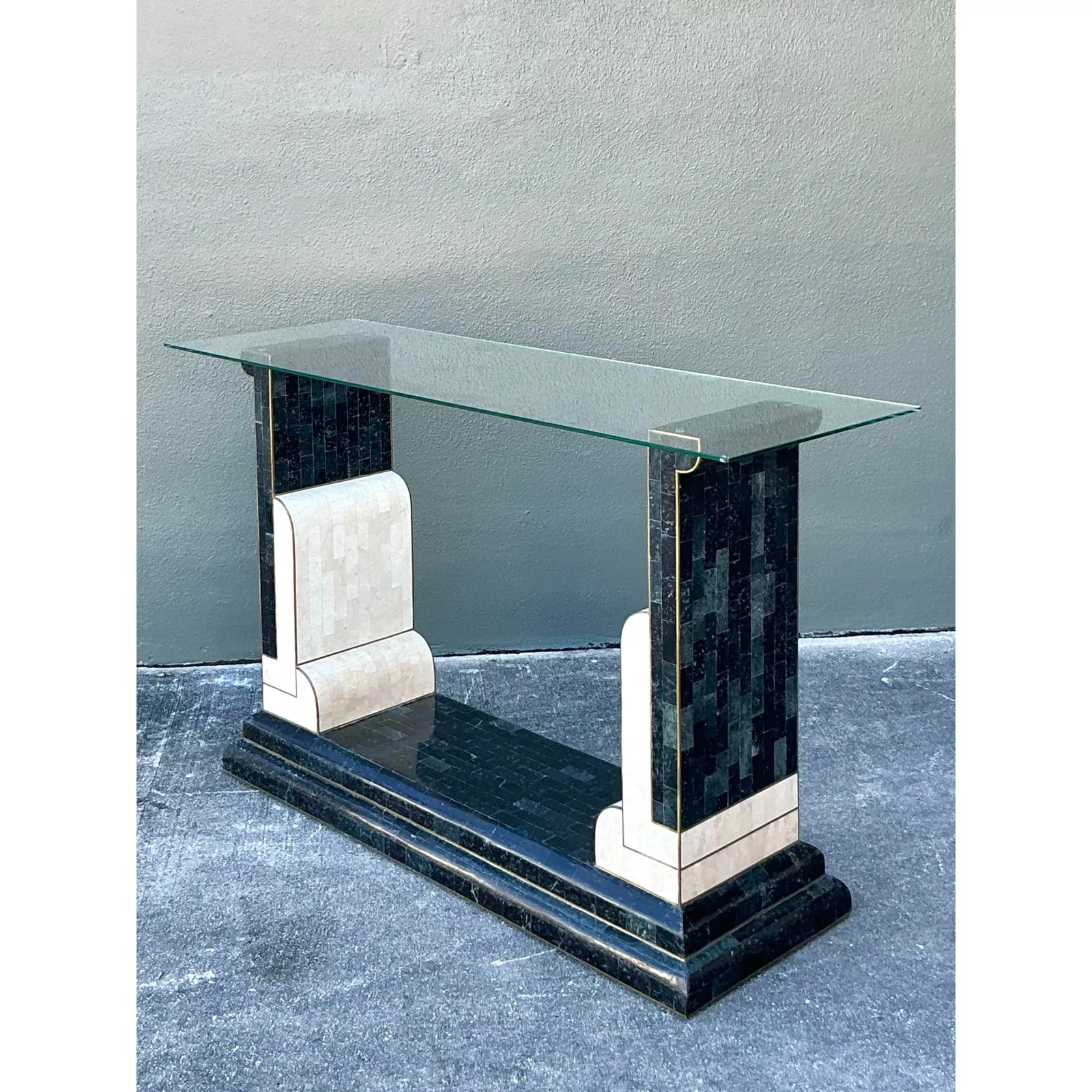 Vintage Boho Tessellated Stone and Brass Inlay Console Table — additional photo 2