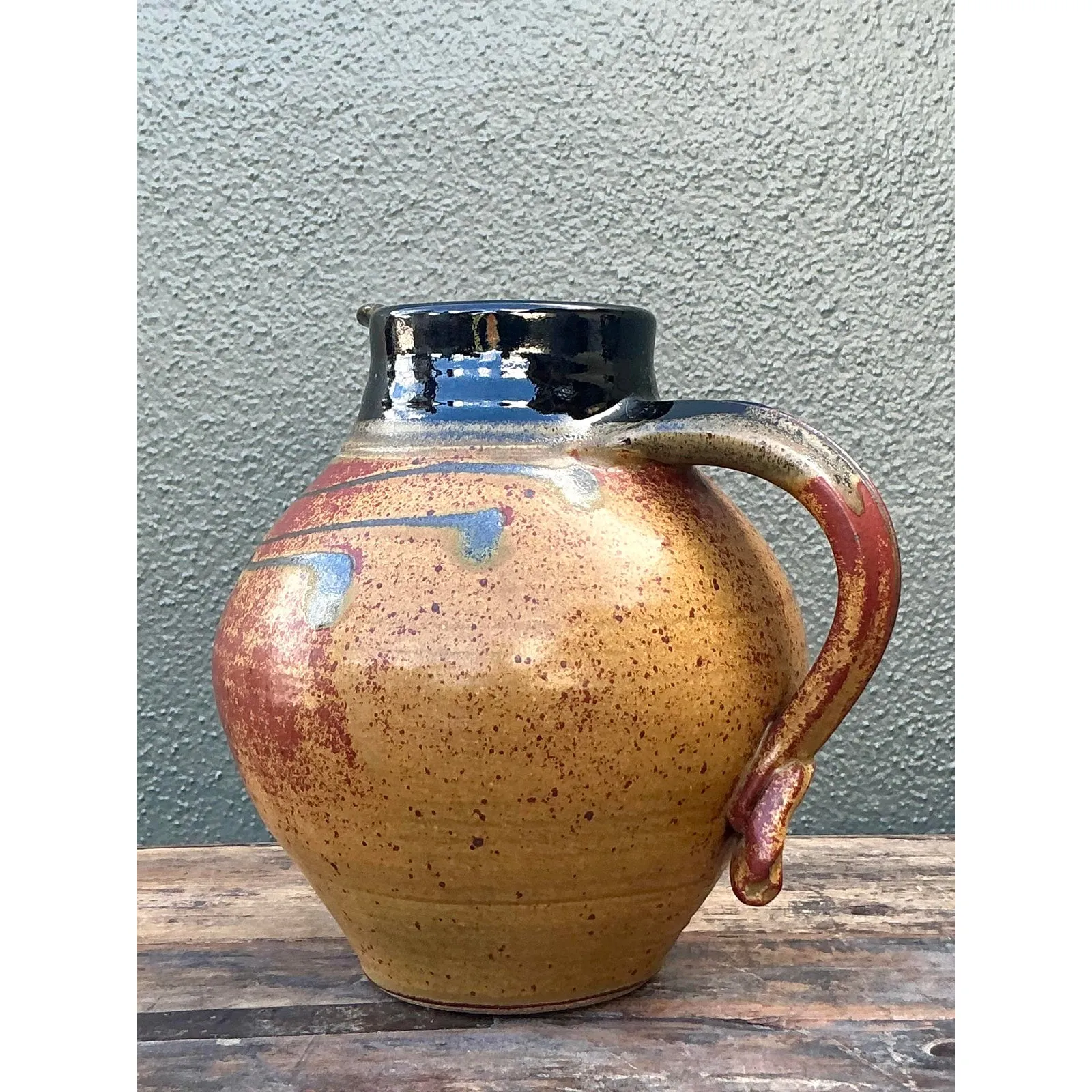 Vintage Boho Original Studio Pottery Pitcher - Ceramic, 8.25W x 8.5H — additional photo 1