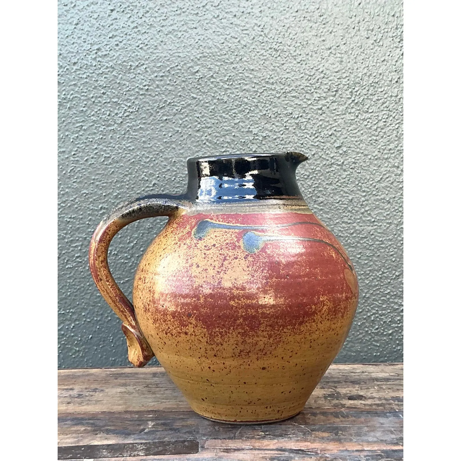 Vintage Boho Original Studio Pottery Pitcher - Ceramic, 8.25W x 8.5H — additional photo 3