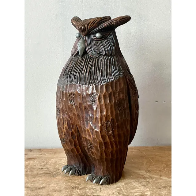 Vintage Boho Carved Wooden Owl — additional photo 3