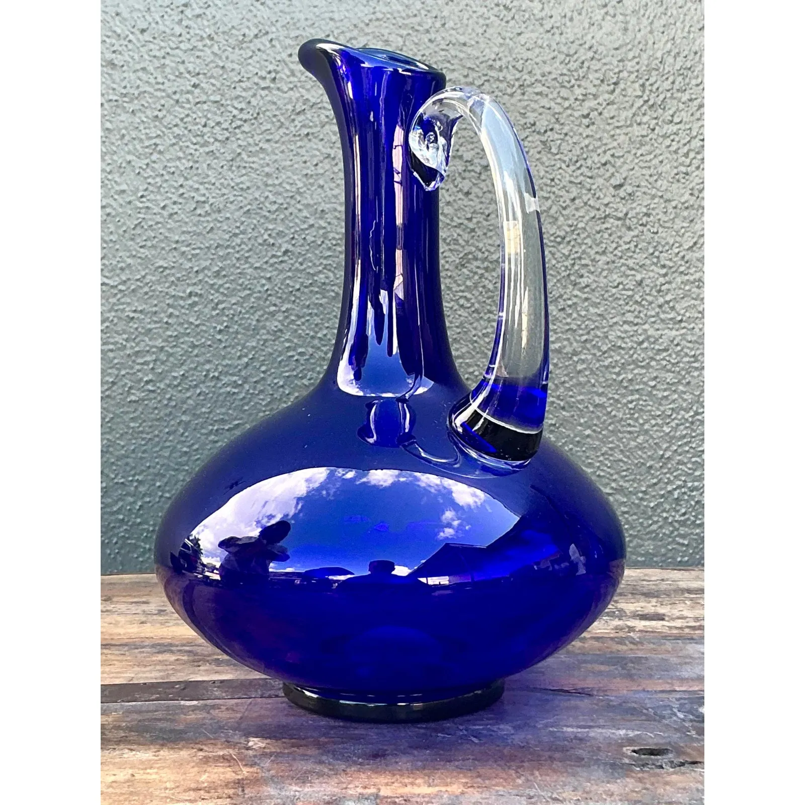 Vintage Boho Signed Blue Art Glass Pitcher — additional photo 1