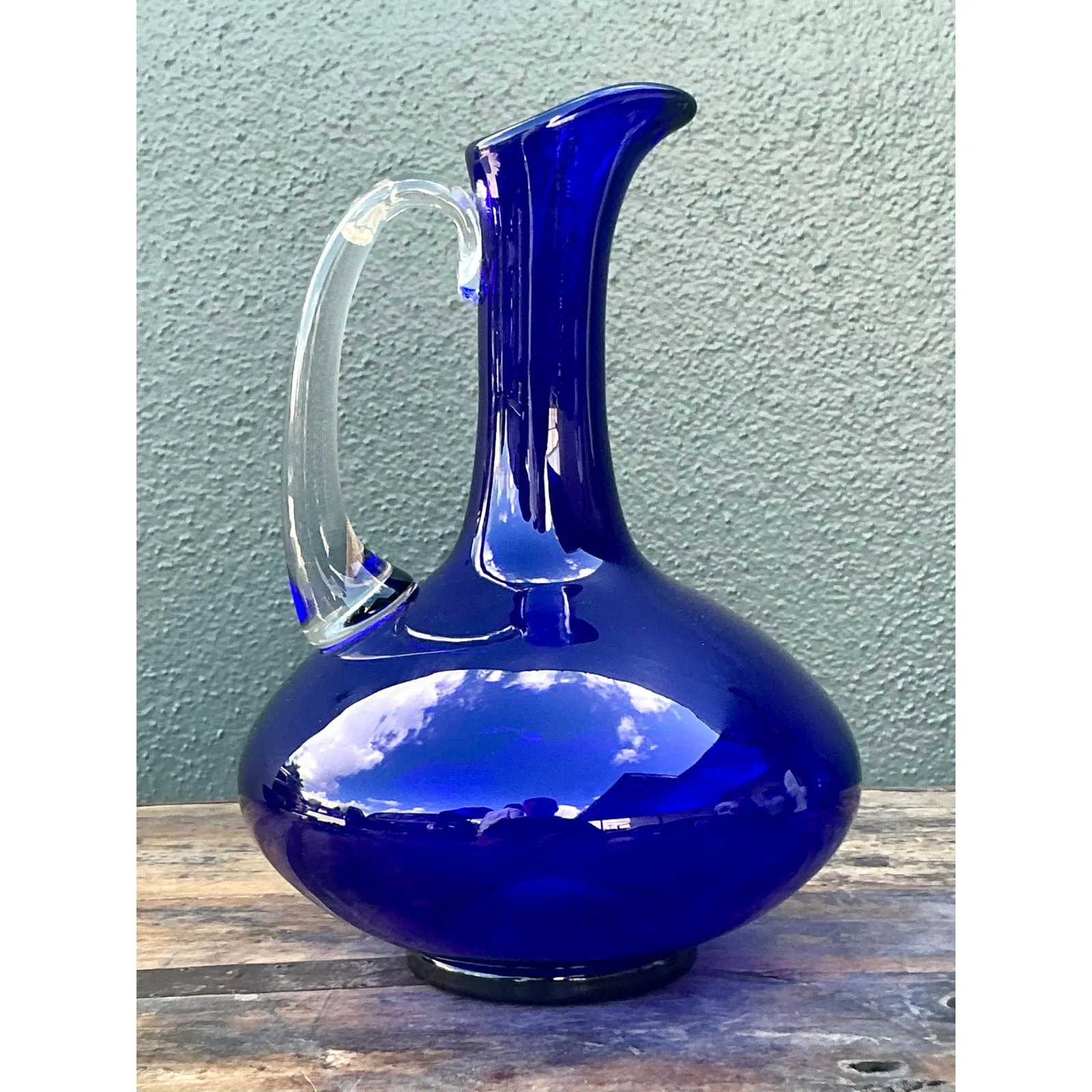 Vintage Boho Signed Blue Art Glass Pitcher — additional photo 2
