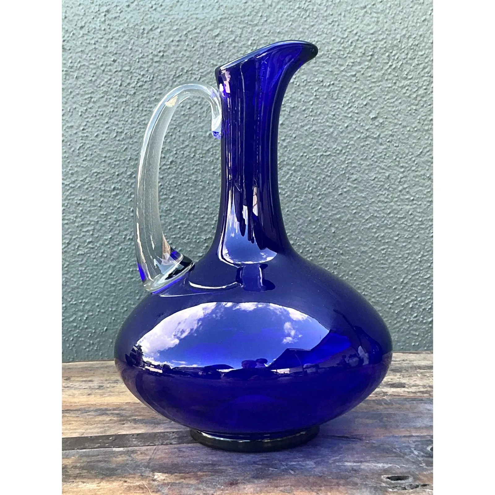 Vintage Boho Signed Blue Art Glass Pitcher — additional photo 3