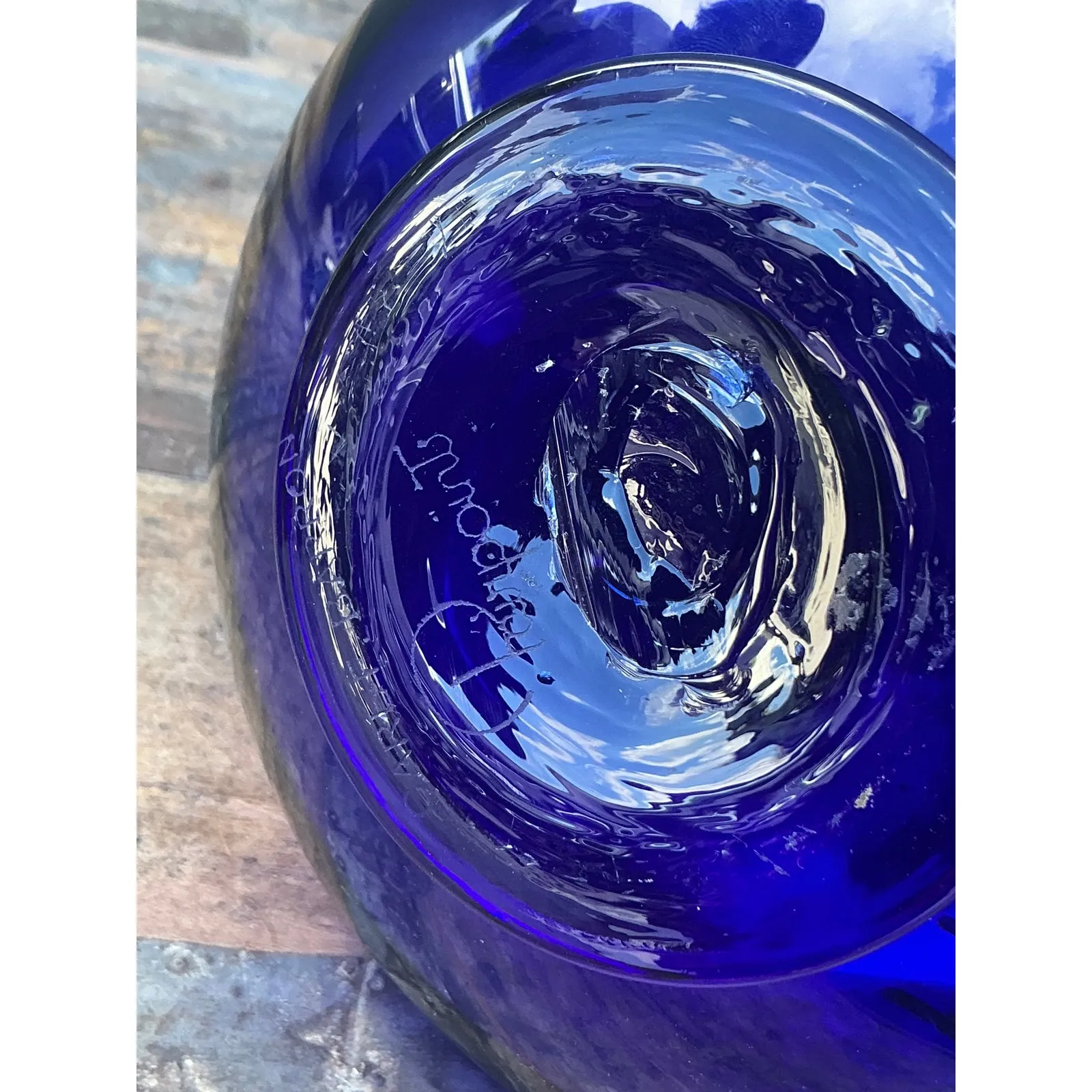 Vintage Boho Signed Blue Art Glass Pitcher — additional photo 4