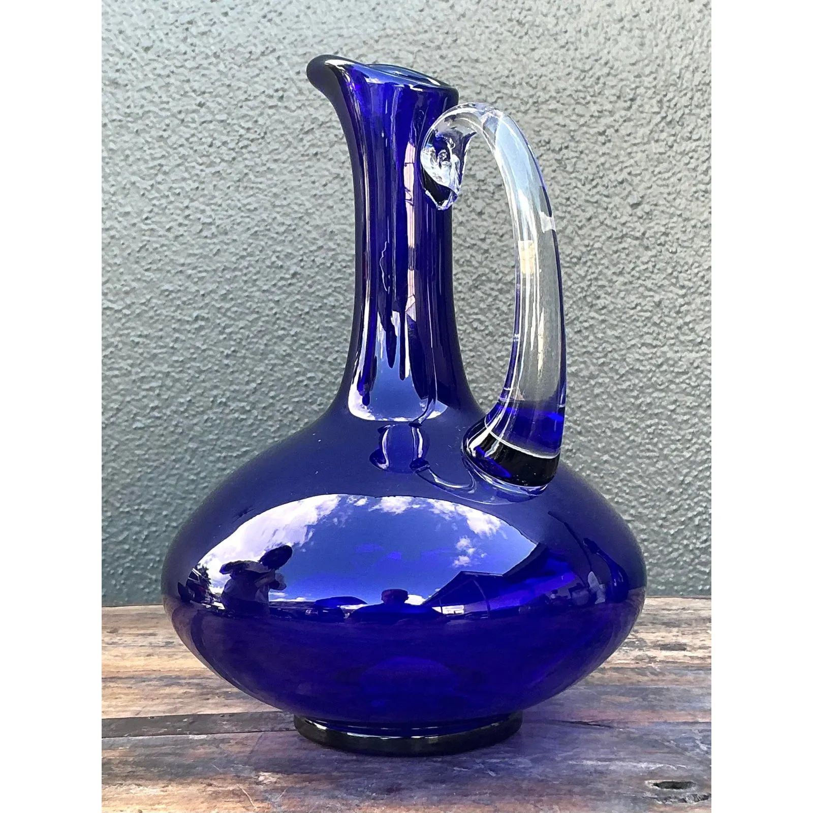 Vintage Boho Signed Blue Art Glass Pitcher — additional photo 5