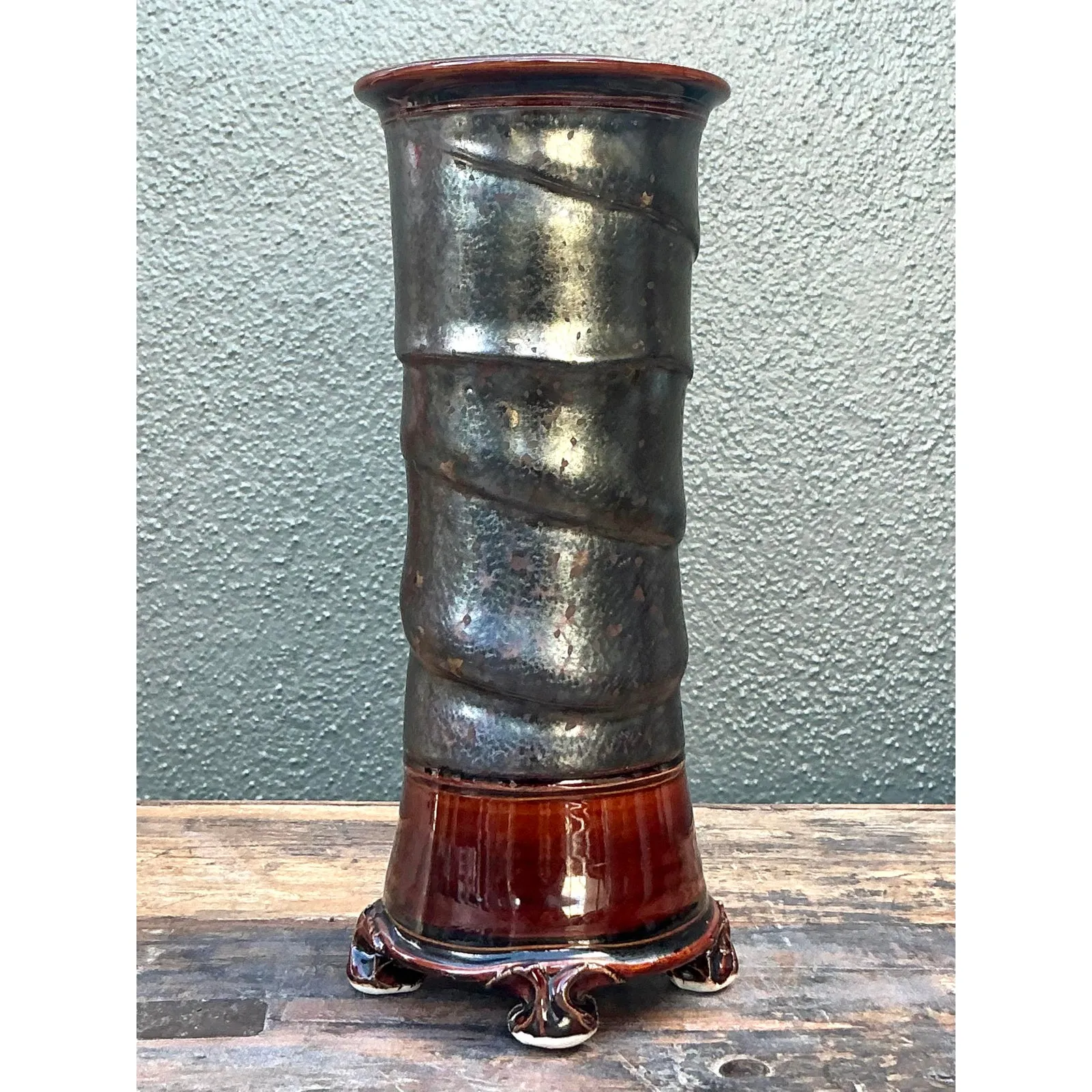 Vintage Boho Original Studio Pottery Vase - Ceramic, 4.75W x 11H — additional photo 3