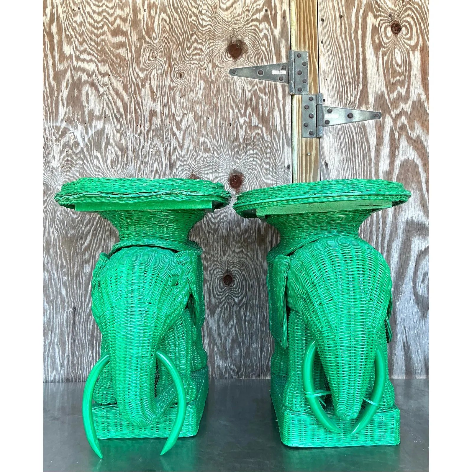 Vintage Coastal Woven Rattan Elephant Side Tables - A Pair — additional photo 5