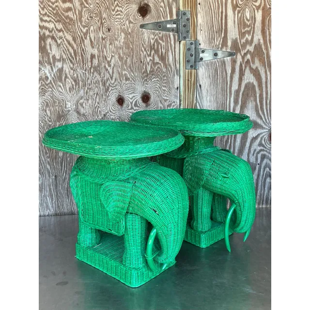 Vintage Coastal Woven Rattan Elephant Side Tables - A Pair — additional photo 2