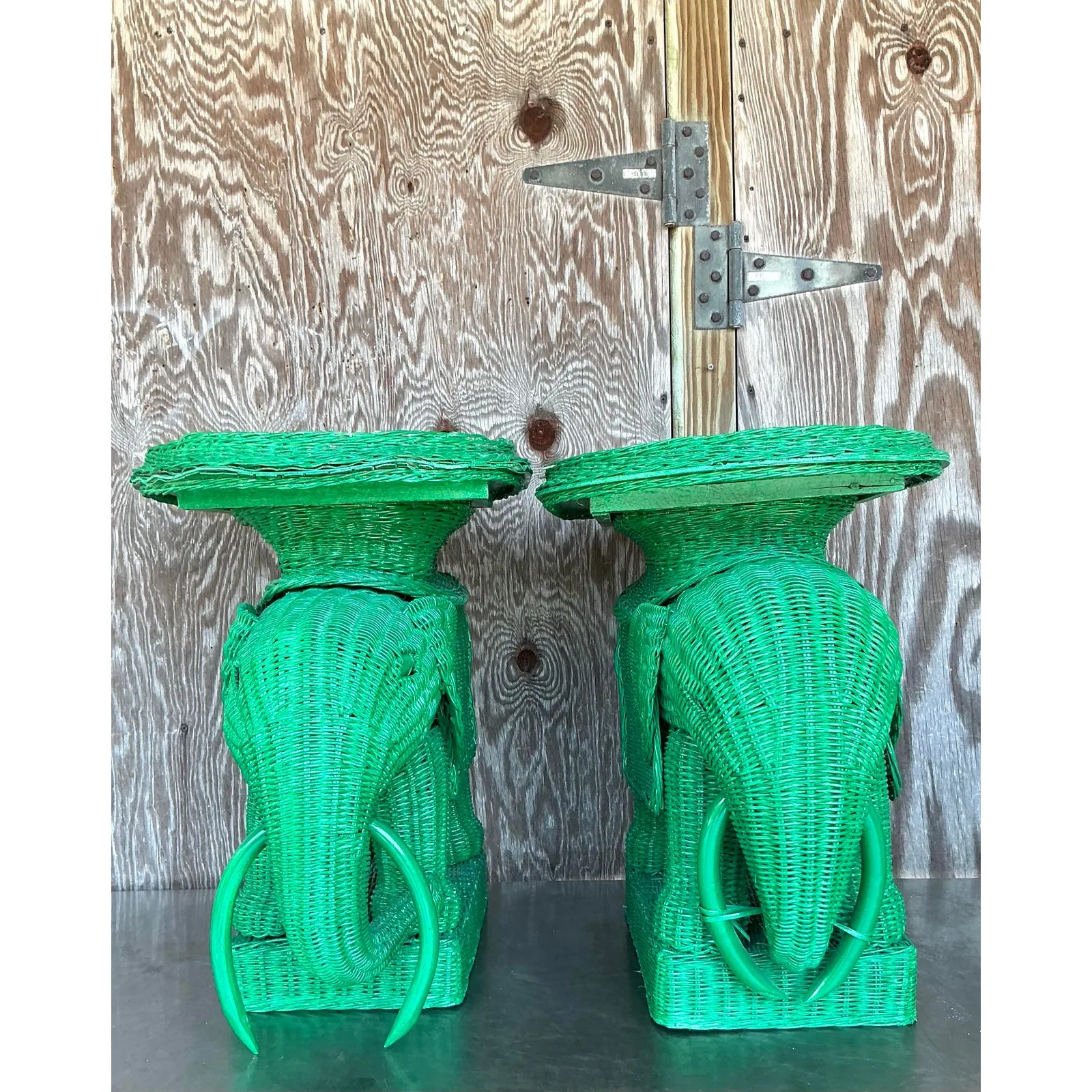 Vintage Coastal Woven Rattan Elephant Side Tables - A Pair — additional photo 6