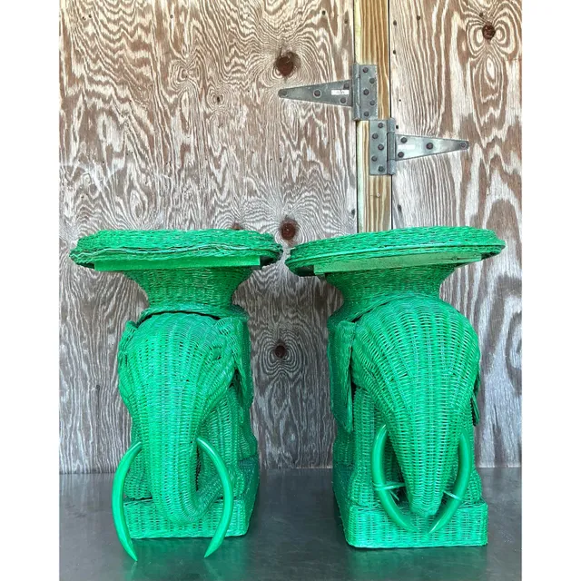 Vintage Coastal Woven Rattan Elephant Side Tables - A Pair — additional photo 6