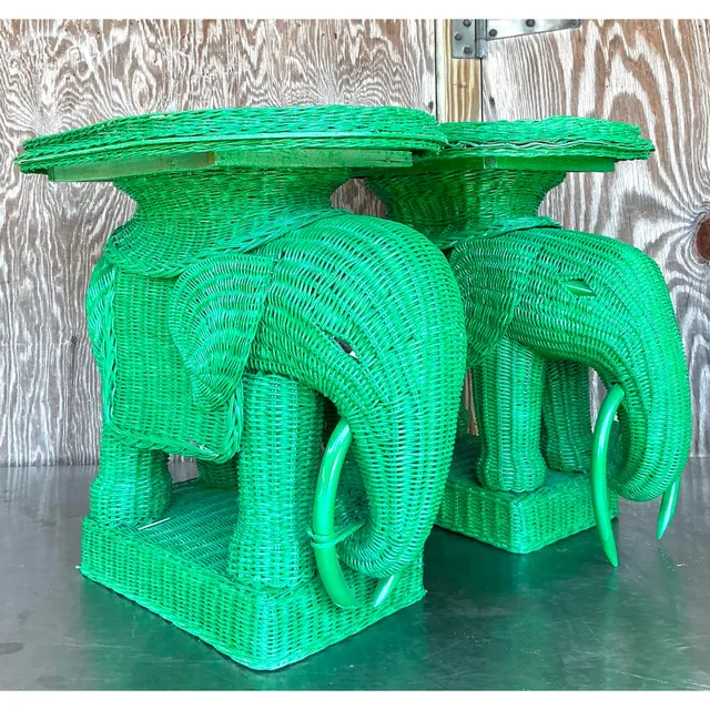 Vintage Coastal Woven Rattan Elephant Side Tables - A Pair — additional photo 1