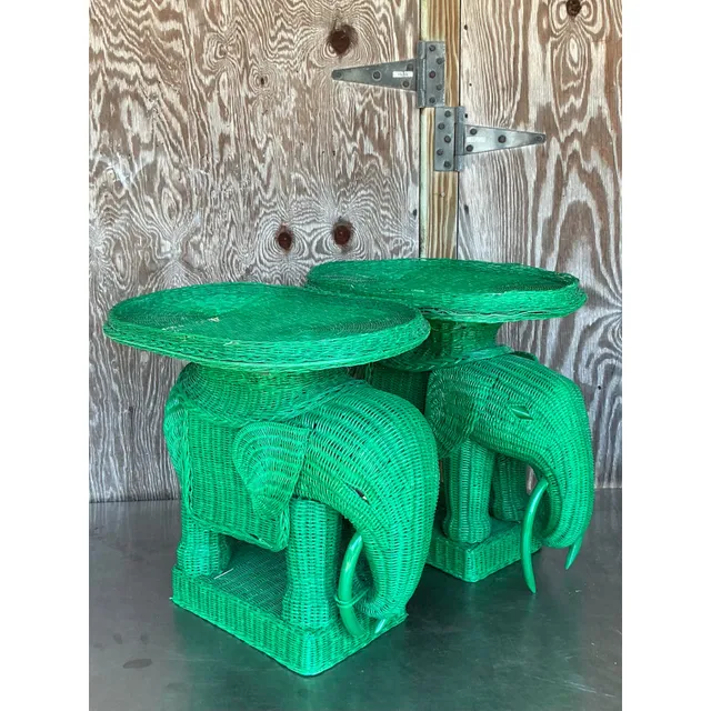 Vintage Coastal Woven Rattan Elephant Side Tables - A Pair — additional photo 8