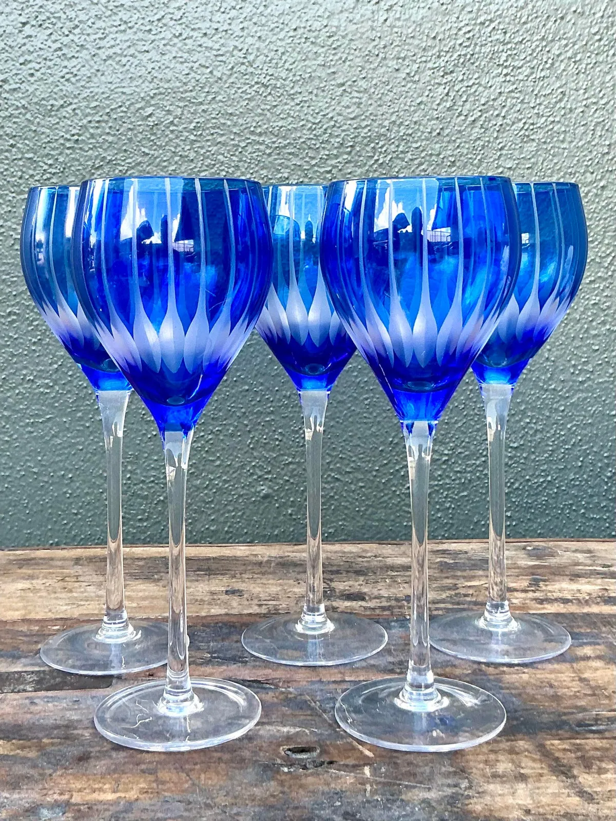 Vintage Boho Cut Crystal Blue Goblets - Set of 5