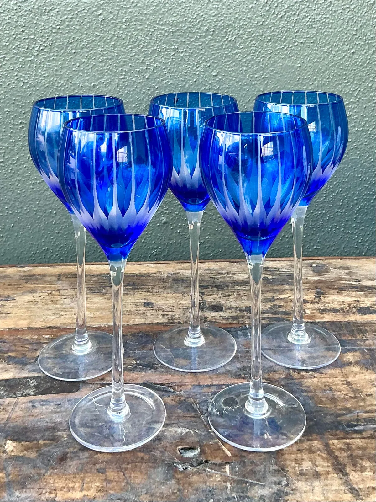 Vintage Boho Cut Crystal Blue Goblets - Set of 5 — additional photo 5