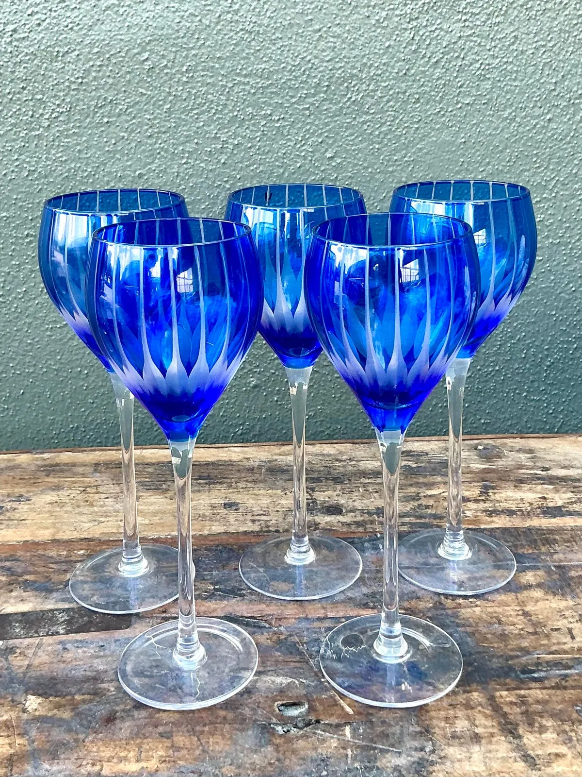 Vintage Boho Cut Crystal Blue Goblets - Set of 5 — additional photo 1