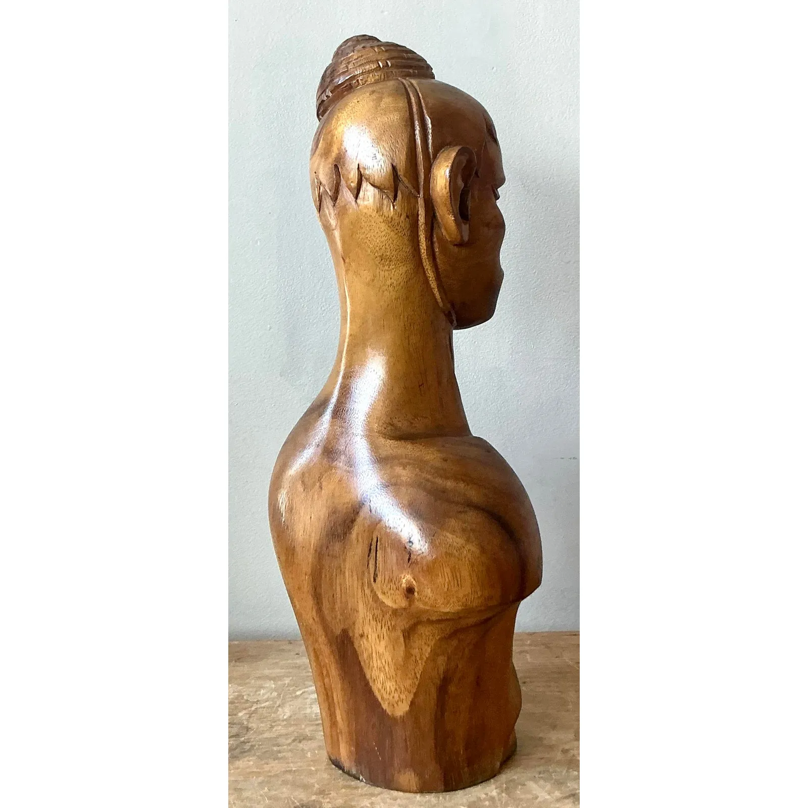 Vintage Boho Carved Wooden Bust of Woman — additional photo 6