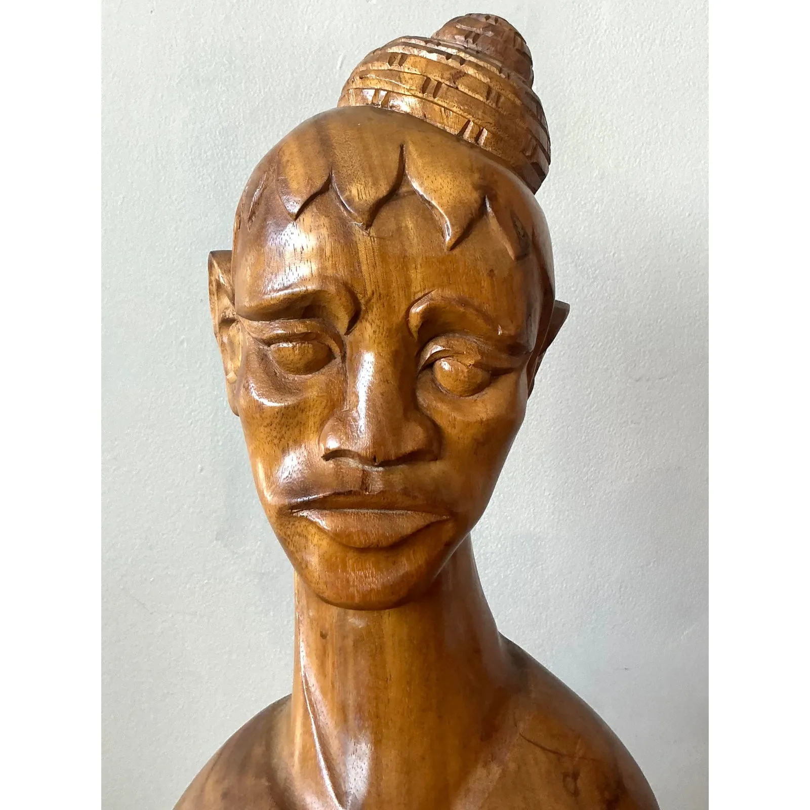 Vintage Boho Carved Wooden Bust of Woman — additional photo 1