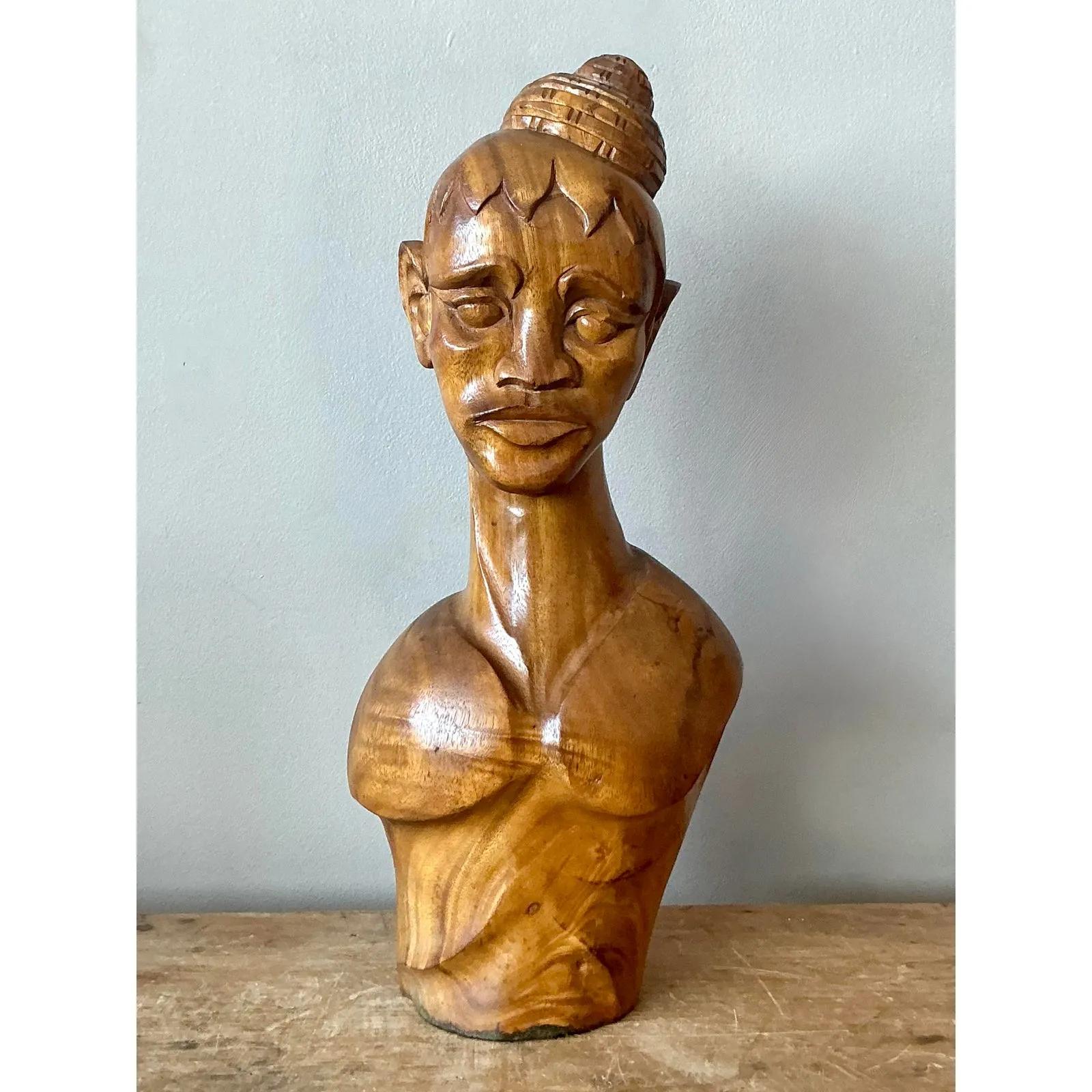 Vintage Boho Carved Wooden Bust of Woman — additional photo 2