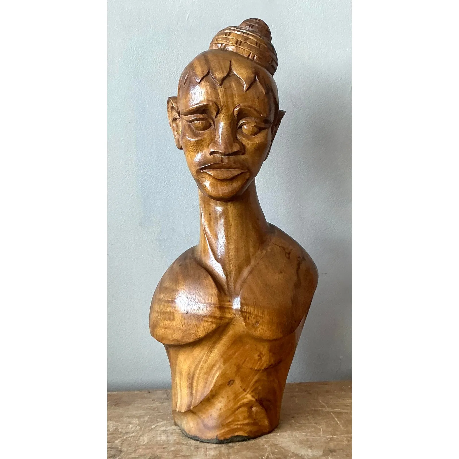 Vintage Boho Carved Wooden Bust of Woman — additional photo 3