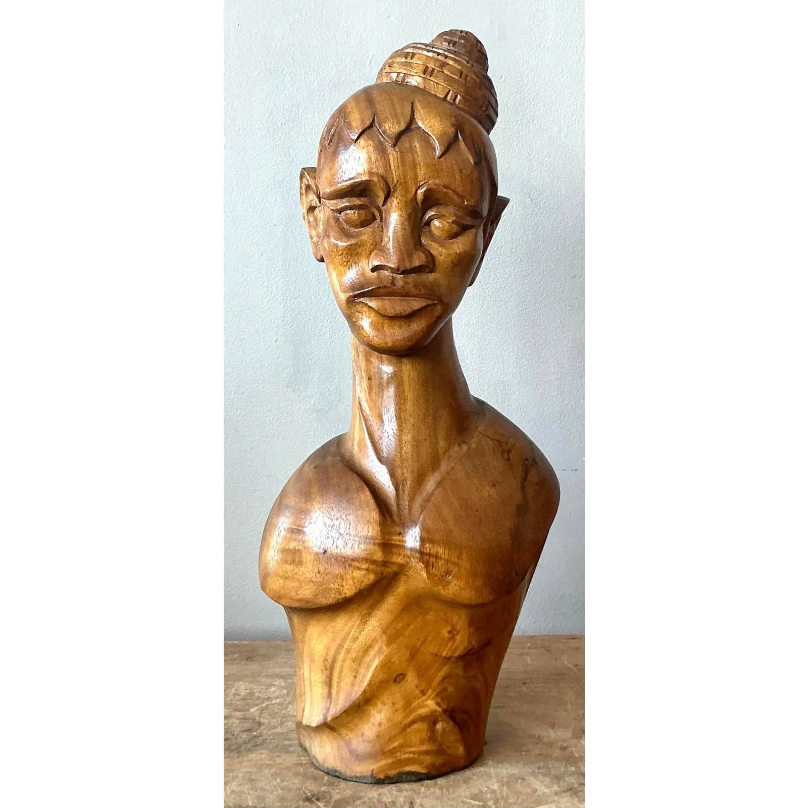 Vintage Boho Carved Wooden Bust of Woman — additional photo 4
