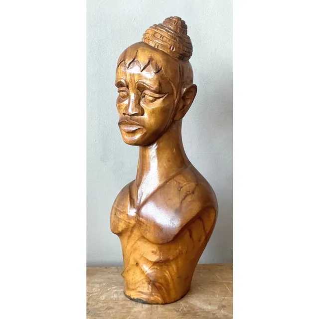 Vintage Boho Carved Wooden Bust of Woman — additional photo 5