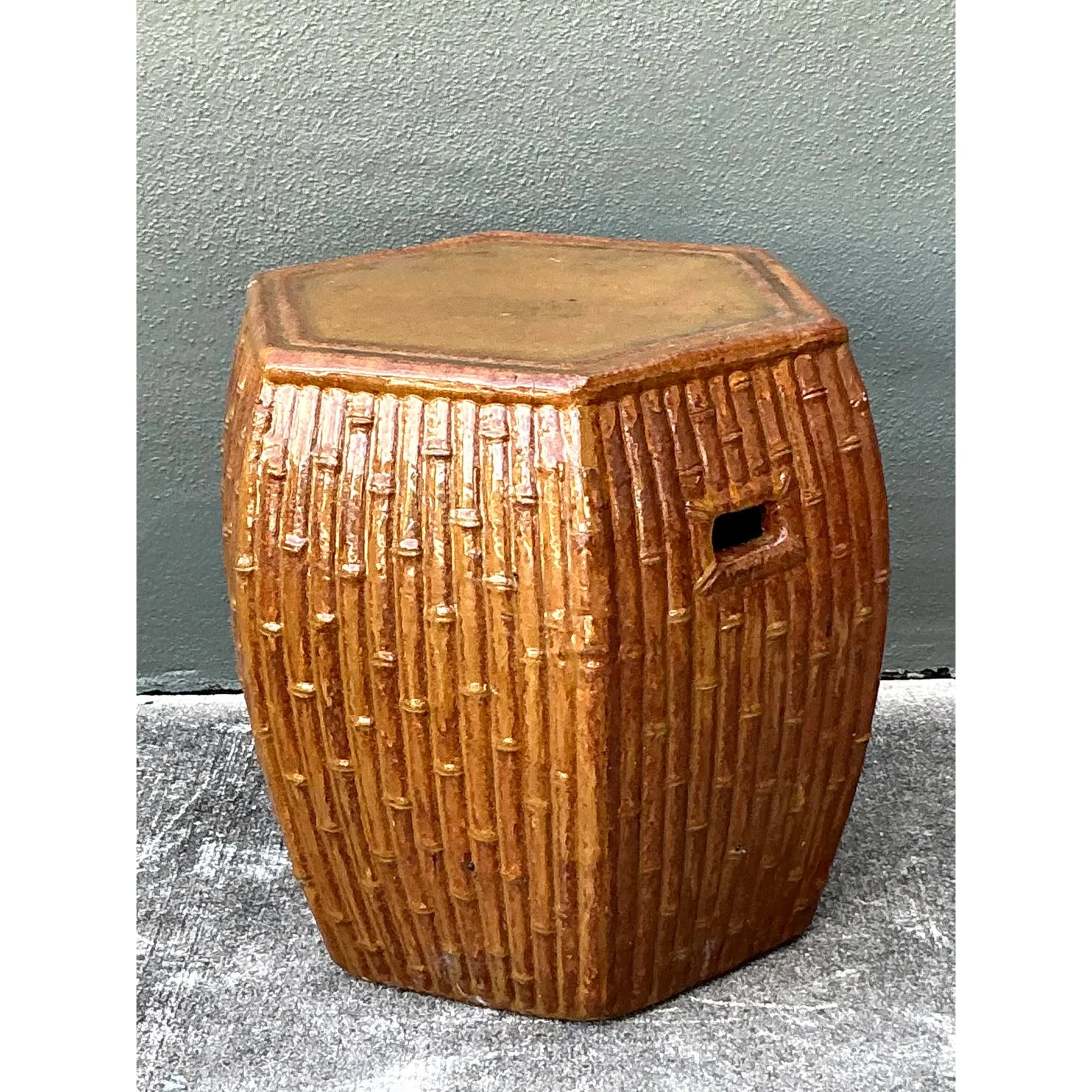 Vintage Boho Bamboo Glazed Ceramic Low Stool — additional photo 2