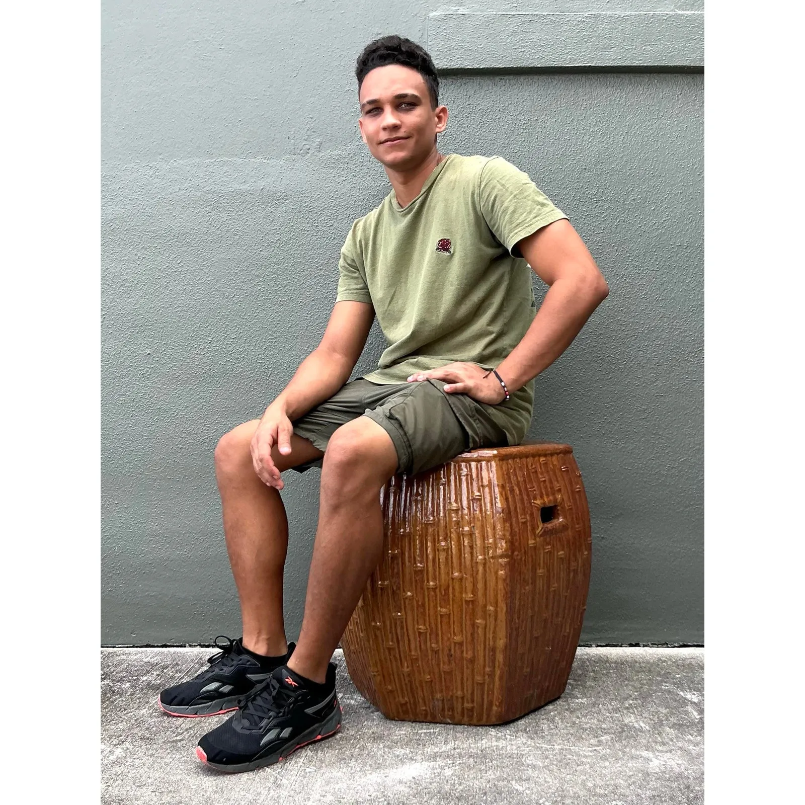 Vintage Boho Bamboo Glazed Ceramic Low Stool — additional photo 3