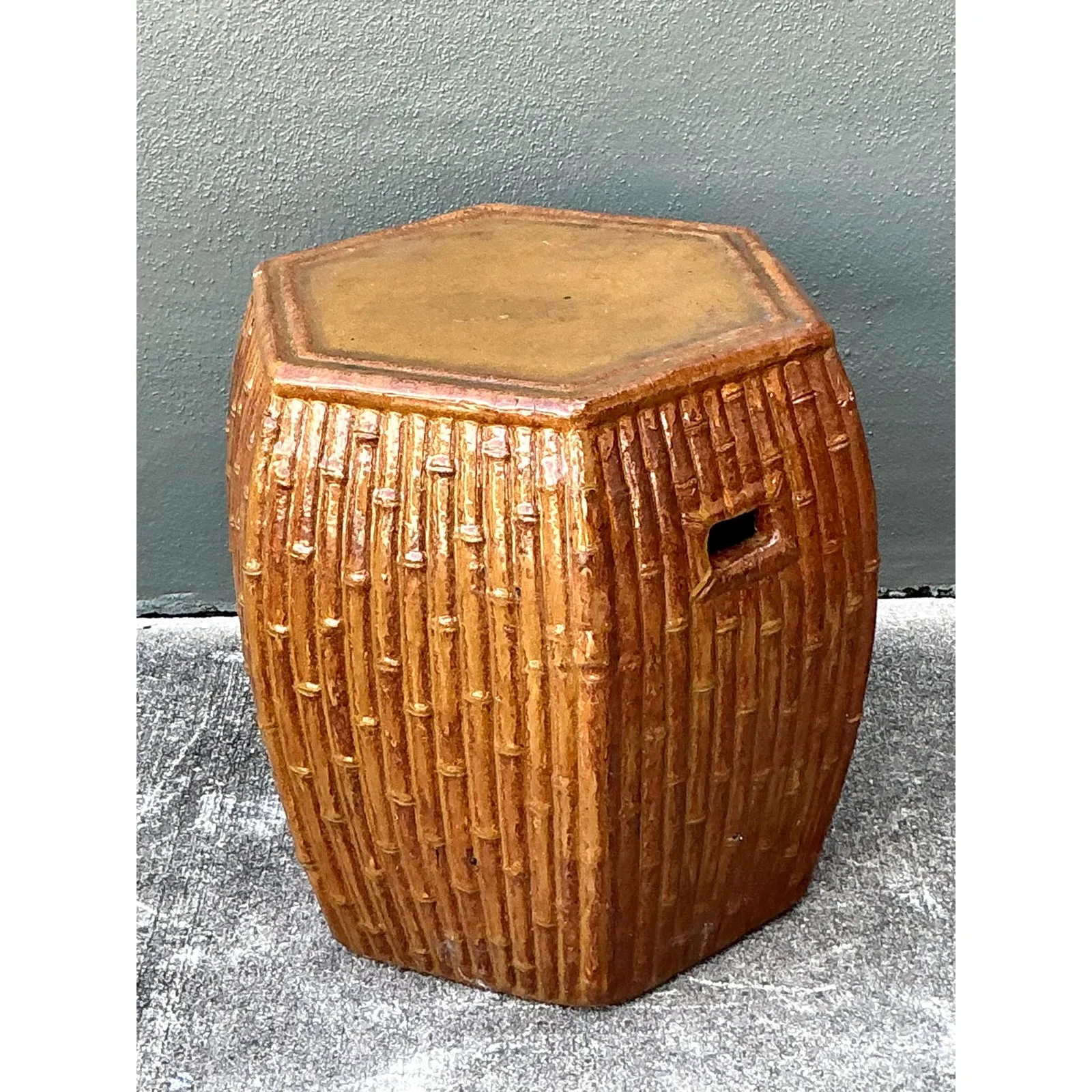 Vintage Boho Bamboo Glazed Ceramic Low Stool — additional photo 4