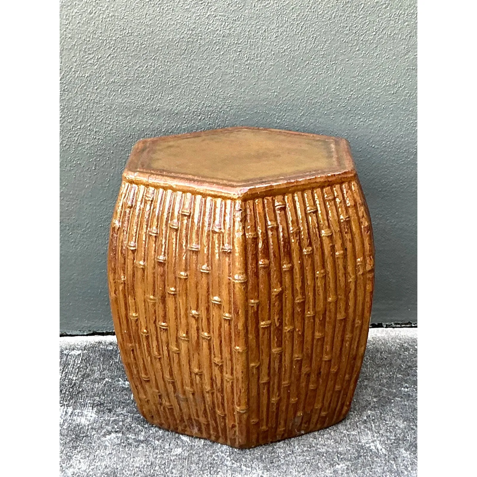 Vintage Boho Bamboo Glazed Ceramic Low Stool — additional photo 5