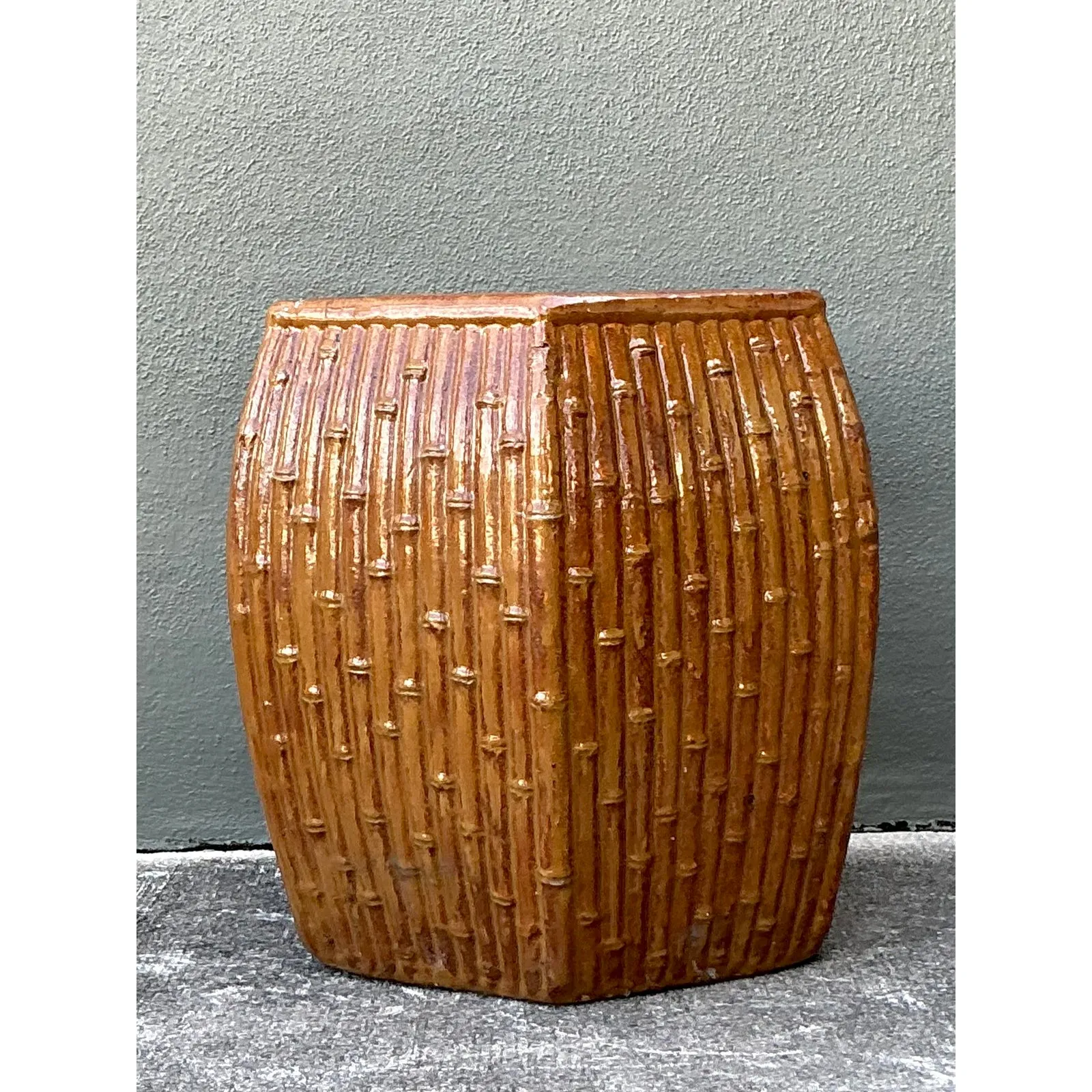 Vintage Boho Bamboo Glazed Ceramic Low Stool — additional photo 6