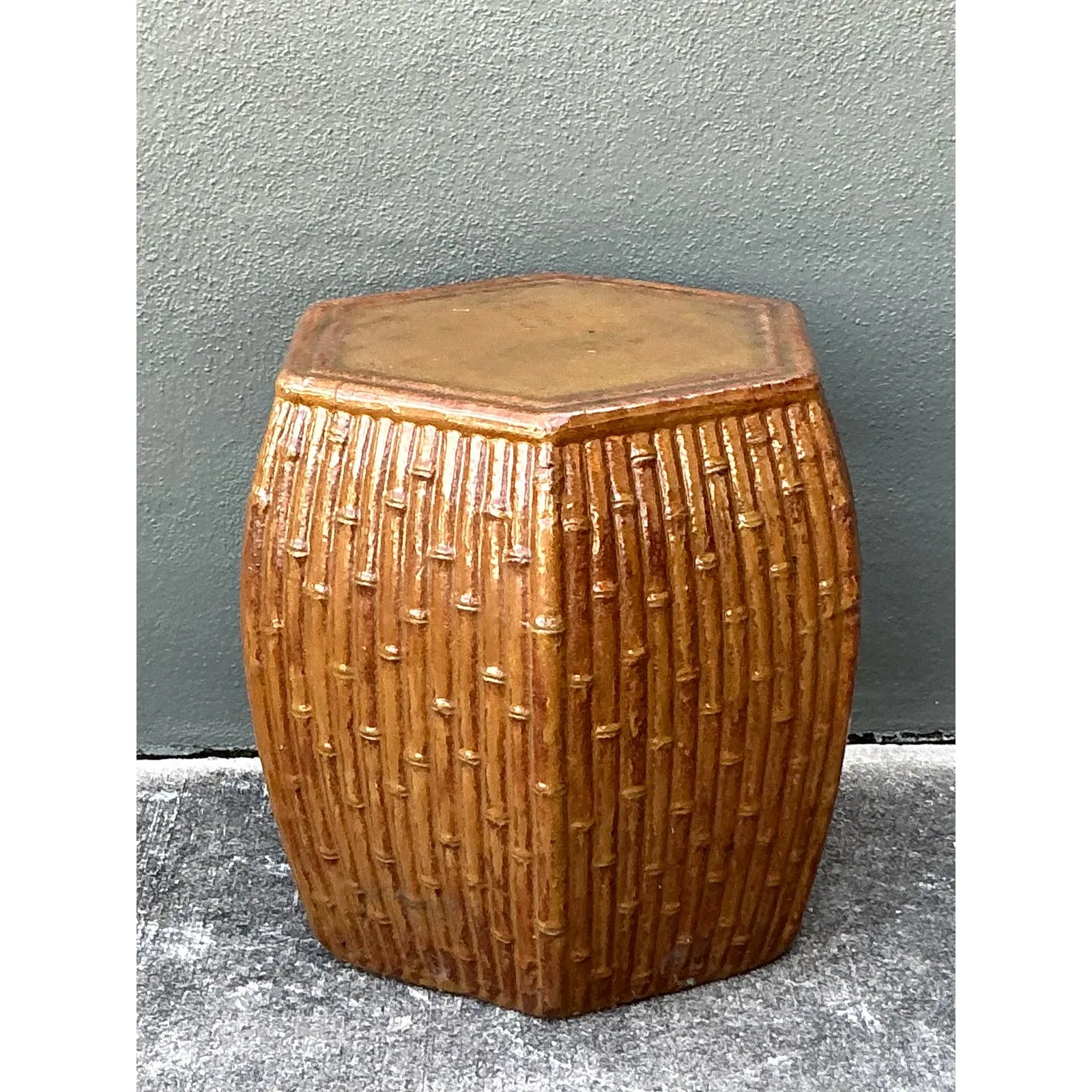 Vintage Boho Bamboo Glazed Ceramic Low Stool — additional photo 7