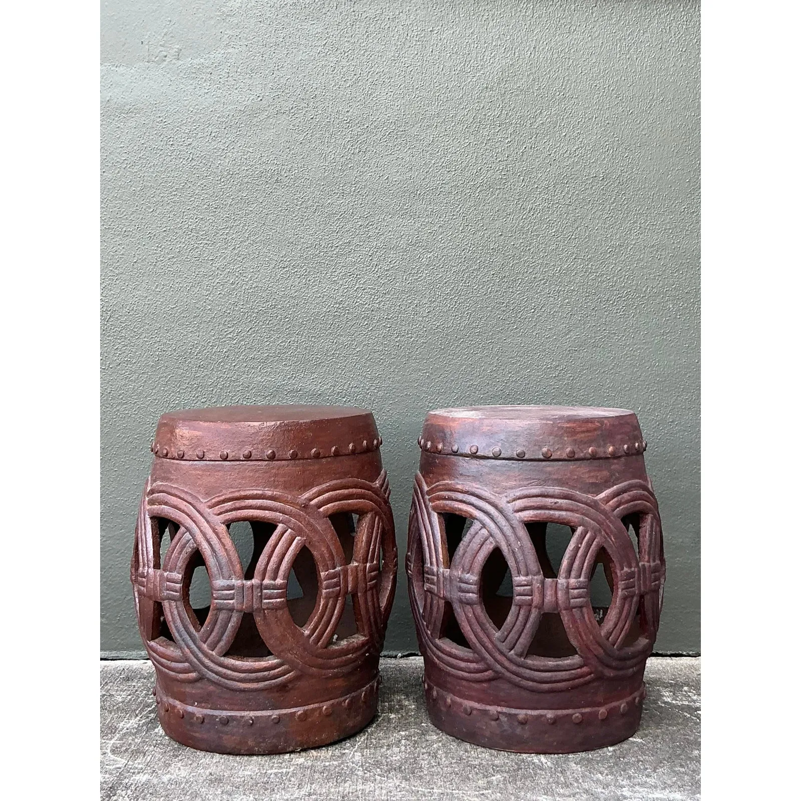 Vintage Boho Glazed Ceramic Rings Low Stools - A Pair — additional photo 1