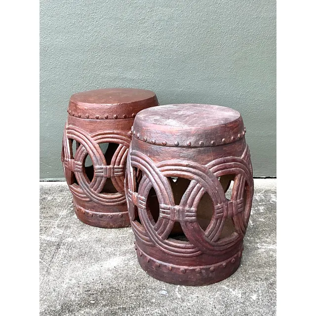 Vintage Boho Glazed Ceramic Rings Low Stools - A Pair — additional photo 2