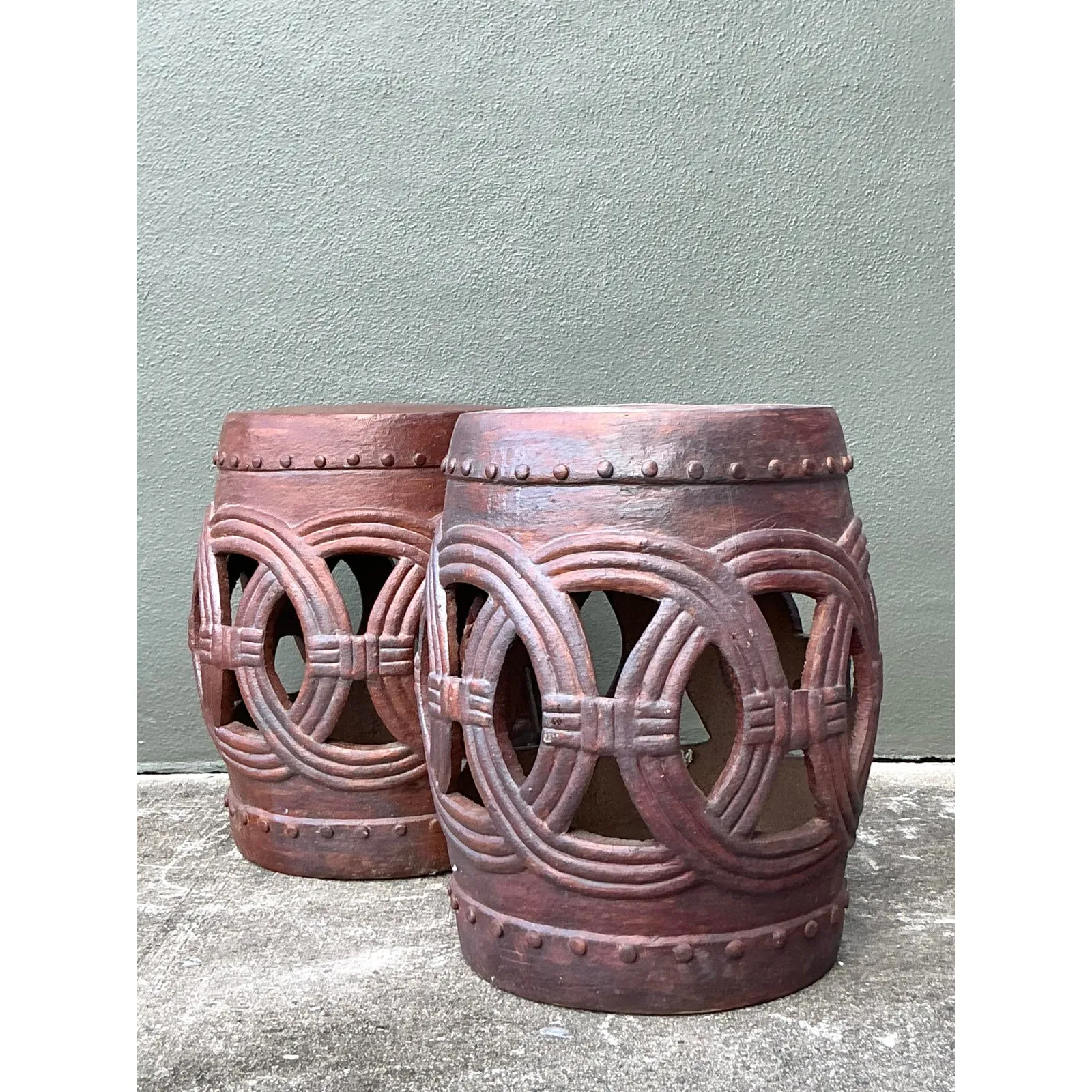 Vintage Boho Glazed Ceramic Rings Low Stools - A Pair — additional photo 4